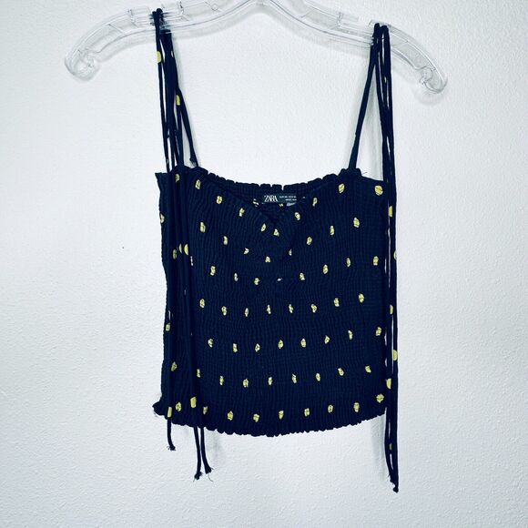 Zara Navy & Yellow Polka Dot Smocked Tube Top XS - Picture 2 of 13